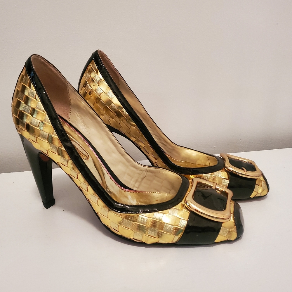 Gracienne Gold Weave Leather Heels Black Strap Gold Buckle, 9